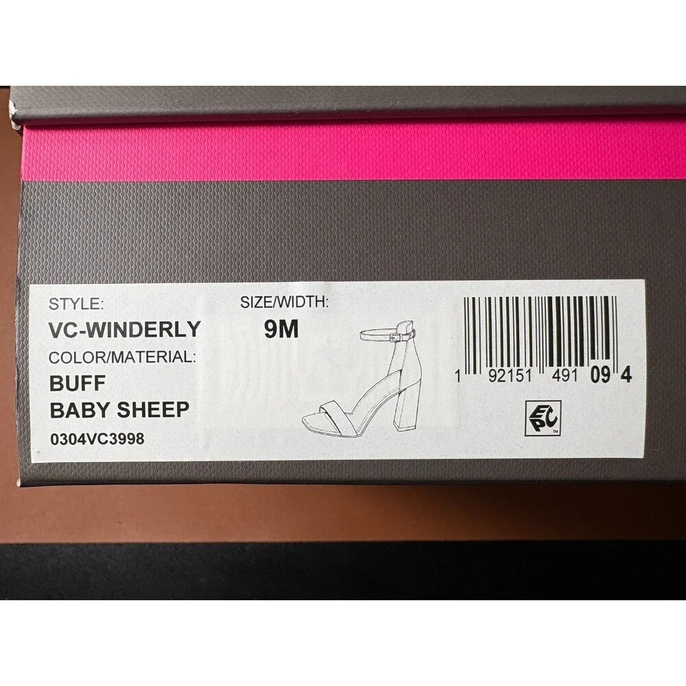 Vince Camuto Vc-Winderly Ankle Strap Block Heels Buff Baby Sheep Leather 9M